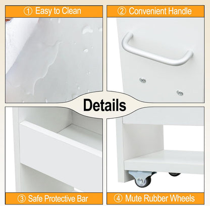 MARTY Wood Rolling Storage Cart 7.9" W, 3 Tier White Slim Utility Kitchen Cart on Wheels Laundry Room Bathroom Organizers Narrow Shelves with Handle Mobile Shelving Unit for Small Places