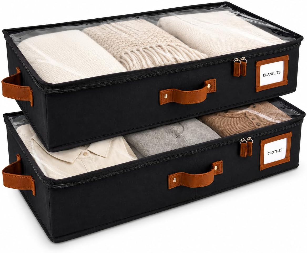HOMELUX THEORY 2pc Low Profile Under Bed Storage Containers, Thin Under Couch Storage Organizer with Bins & Lids, Underbed Storage Box Ideal for Seasonal Clothes, Blankets, Fabric & Shoes (Ivory)