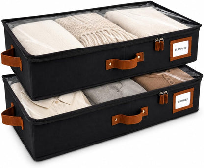 HOMELUX THEORY 2pc Low Profile Under Bed Storage Containers, Thin Under Couch Storage Organizer with Bins & Lids, Underbed Storage Box Ideal for Seasonal Clothes, Blankets, Fabric & Shoes (Ivory)