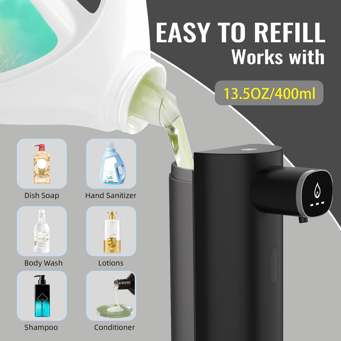 Automatic Liquid Soap Dispenser Touchless, USB Rechargeable Smart Hand Soap Dispenser, 13.5oz/400ml, 3-Level Adjustable, Compatible with Thick Thin Dish Soap for Bathroom Kitchen, Clog-Free (Silver)