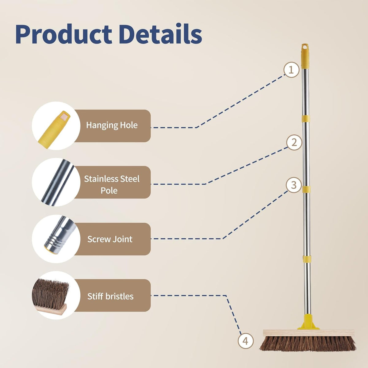 NICOFPHY Floor Scrub Brush with Long Handle - 60" Heavy Duty Deck Brush with Stiff Natural Palmyra Bristle for Scrubbing, Outdoor Scrubber Brushes for Cleaning Concrete Floor, Garden, Patio, Shower