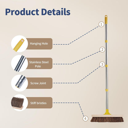 NICOFPHY Floor Scrub Brush with Long Handle - 60" Heavy Duty Deck Brush with Stiff Natural Palmyra Bristle for Scrubbing, Outdoor Scrubber Brushes for Cleaning Concrete Floor, Garden, Patio, Shower
