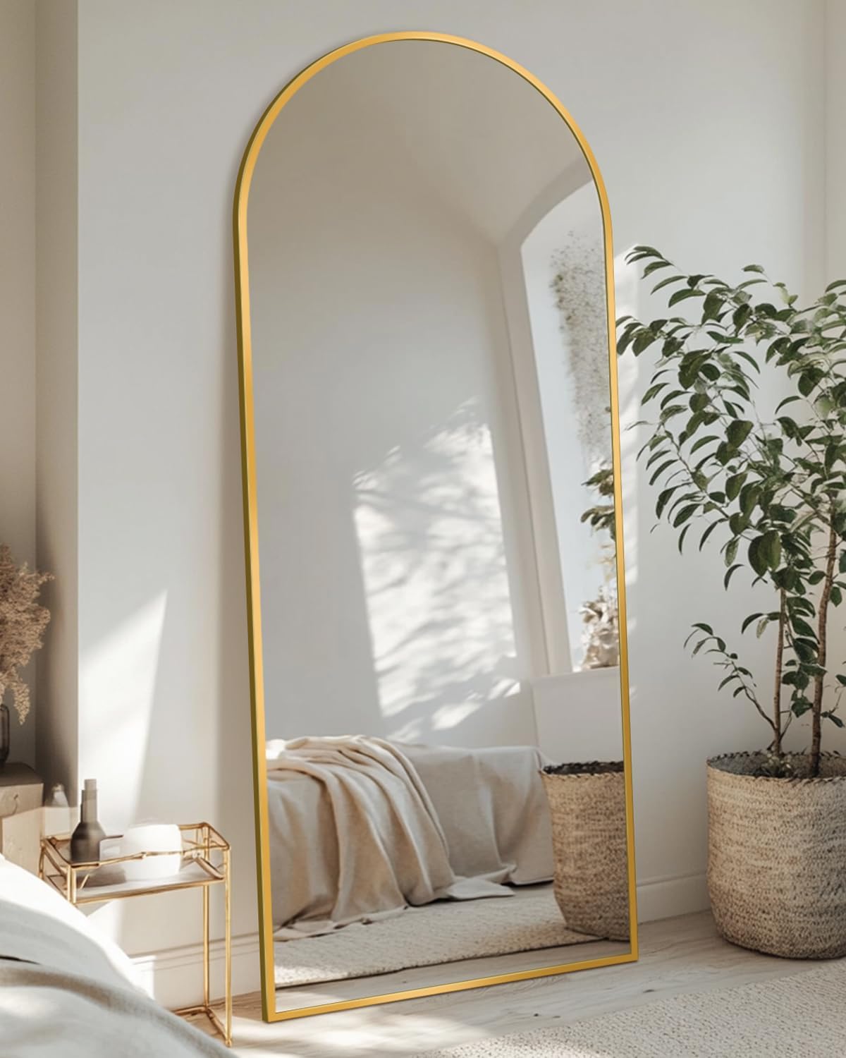 Full Length Mirror with Stand, 71"x28" Arched Full Body Large Stand Up Aluminum Frame Floor Standing Mirror, Freestanding Hanging Leaning Mounted for Bedroom Living Room Entryway Gold