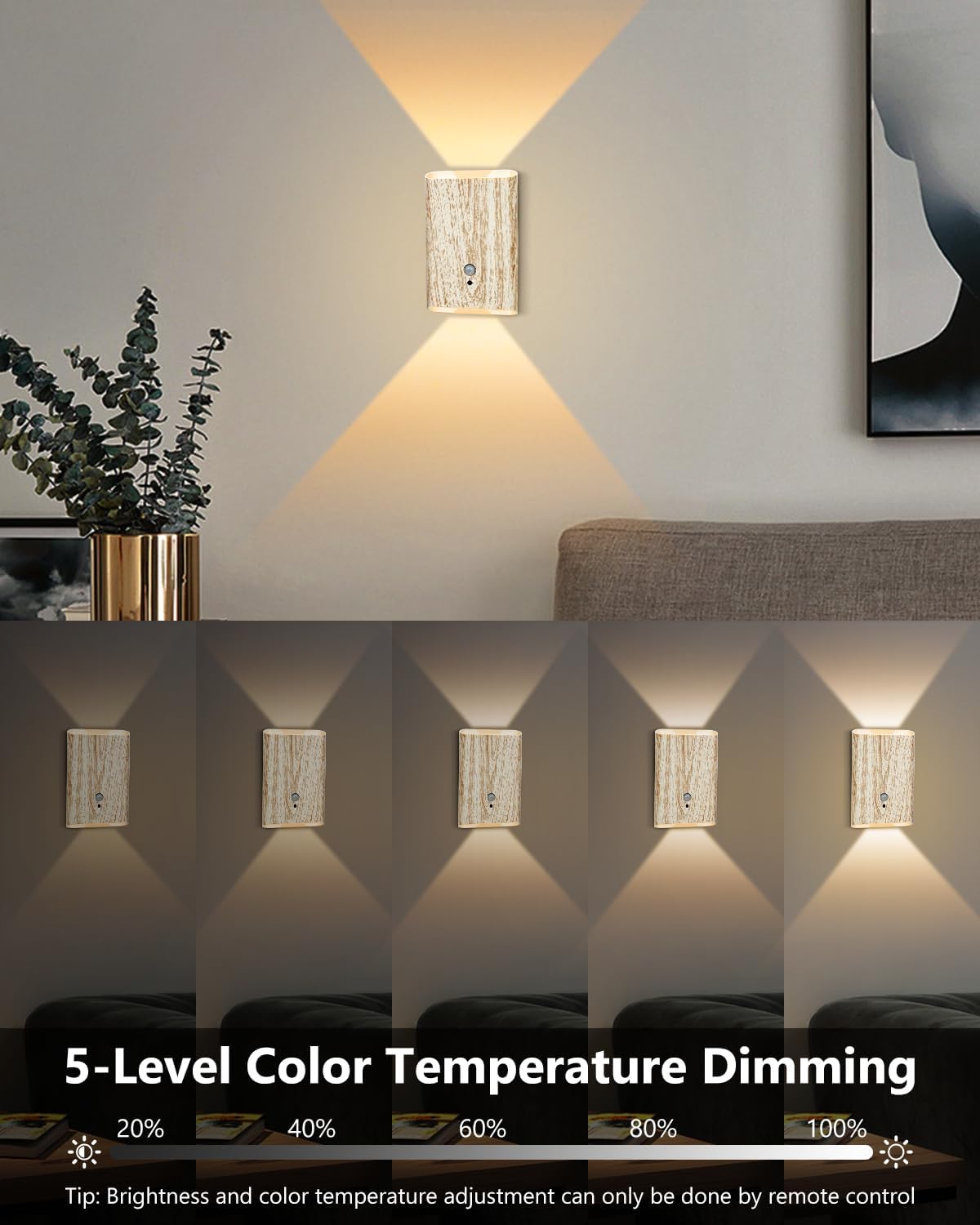 Rechargeable Motion Sensor Wall Sconce Set of 2 – 5000mAh Wireless Battery Operated Wall Light Indoor, 3 Colors Up/Down Lighting Magnetic Night Light with Remote Control for Bedroom, Hallway (Black)
