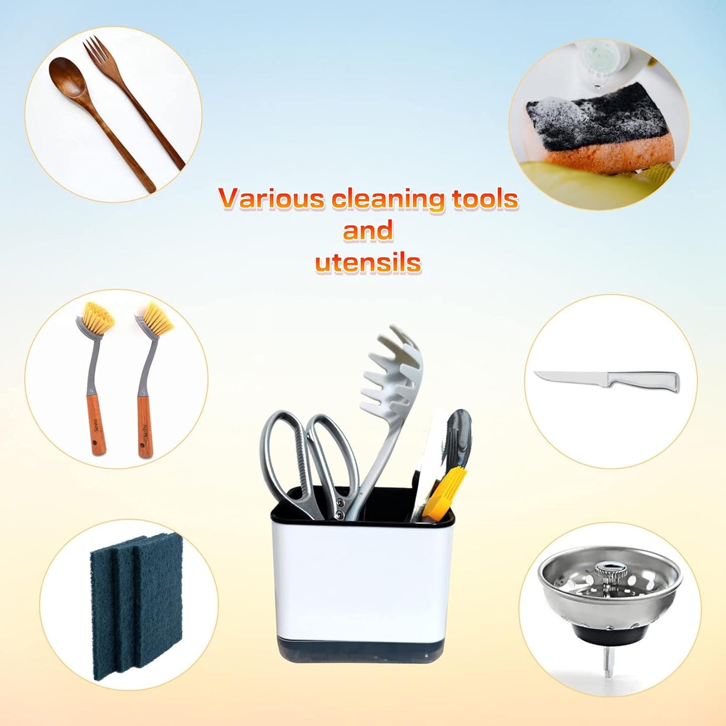 Kitchen Dish Brush Holder for Kitchen Sink,Utensil Drying Caddy,Scrubber/Bottle Brush/Sponge Holder,Kitchen Sink Counter Organizer has Removable Drain Tray,Plastic(Black and White)