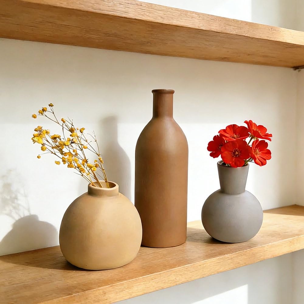 Ceramic Vase Set of 3 - Small Modern Minimalist Ceramic Bud Vases for Home Decor - Boho Aesthetic Flower Vases for Desk, Shelf & Table, Mantle, Bookshelf (Cute & Versatile) (Neutral Mix)