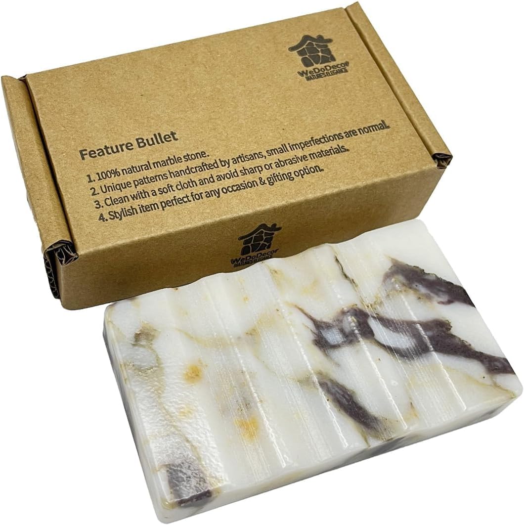 WeDoDecor Real Marble Soap Dish for Shower Stone Tray Small Bar Soap Holder with Self Draining | Non-Slip, Luxury Bath Room Accessories (White)