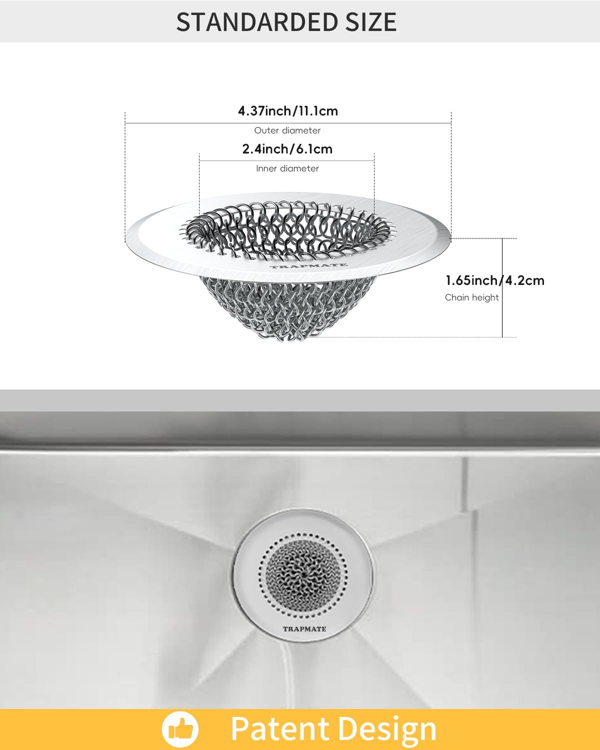 Reversible Kitchen Sink Drain Strainer Basket for Sink & Garbage Disposal | Easy Clean, Anti-Clogging, Fast Drainage, Anti-Slip, Anti-Rust, 304 Stainless Steel, Large Capacity, 4.4",Patented Chain Mesh