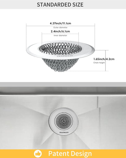 Reversible Kitchen Sink Drain Strainer Basket for Sink & Garbage Disposal | Easy Clean, Anti-Clogging, Fast Drainage, Anti-Slip, Anti-Rust, 304 Stainless Steel, Large Capacity, 4.4",Patented Chain Mesh