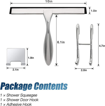 Simtive 14-Inch Shower Squeegee Set, Includes Shower Door Hook and Adhesive Hook, Squeegee for Shower Doors, Mirror and Window, Silver