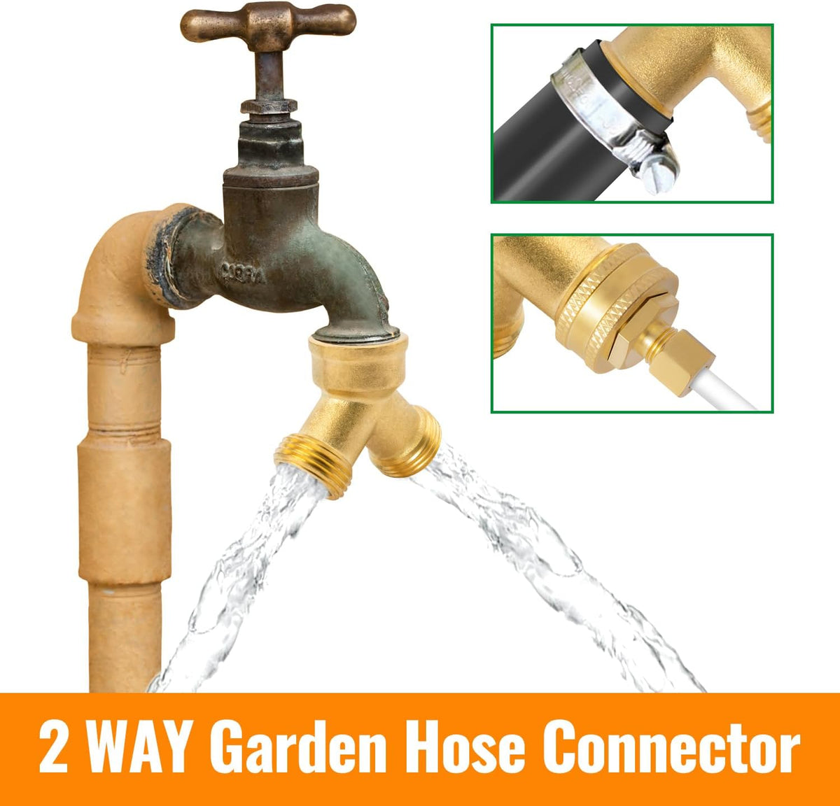 SUNGATOR 3/4 Inch GHT Y Valve, 2 Way Brass Garden Hose Splitter Heavy Duty, 3/4'' GHT Garden Hose Bib Splitters, Brass Y Valves with Extra 4 Rubber Washers, 1 Sealing Tape