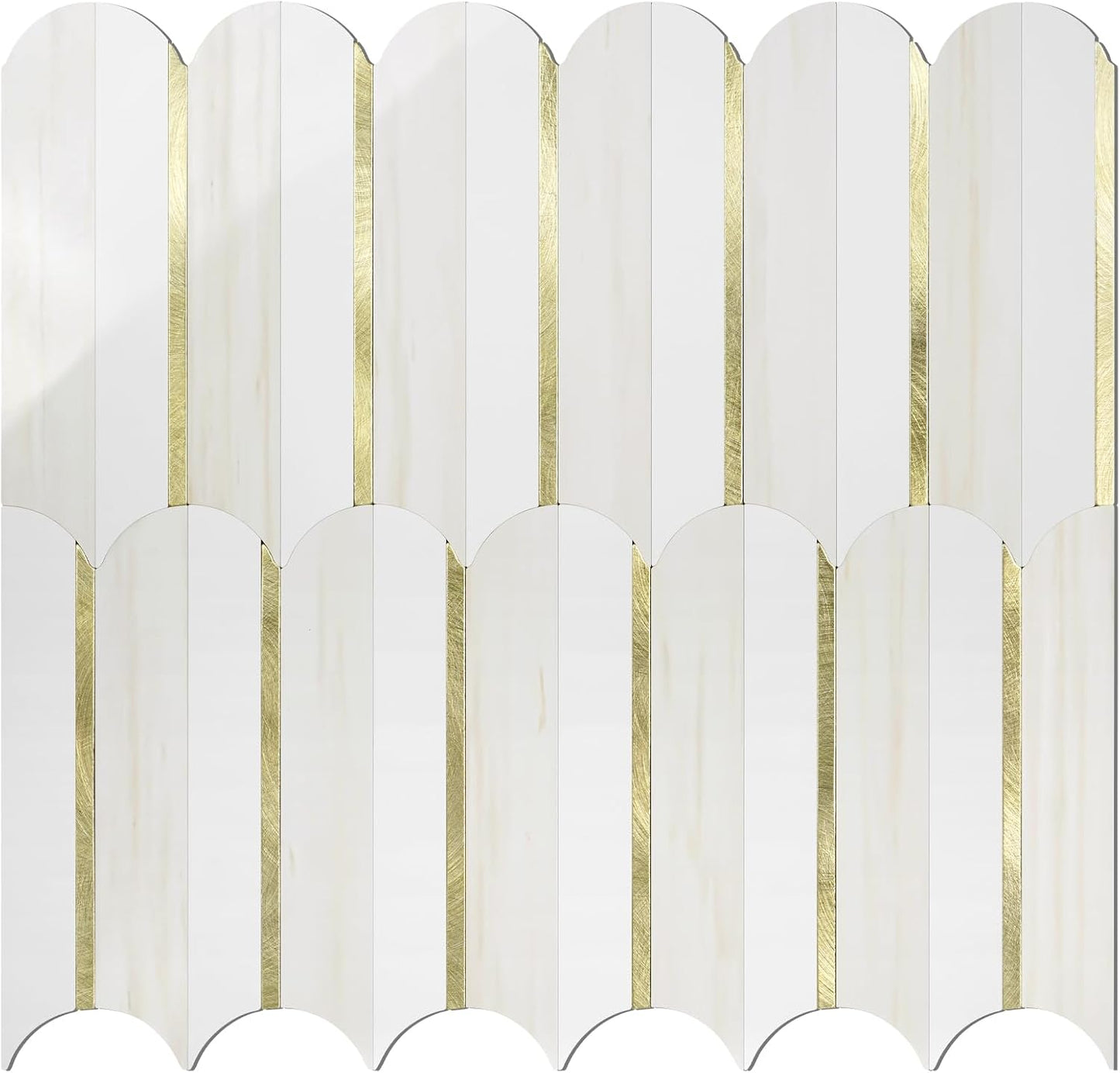 Vamos Peel and Stick Backsplash Seamless Tile for Kitchen and Bathroom,White and Beige Slate PVC Mixed Light Gold Self Adhesive Fish Scale Metal Mosaic Tiles (10 Sheets)