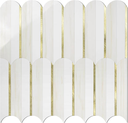 Vamos Peel and Stick Backsplash Seamless Tile for Kitchen and Bathroom,White and Beige Slate PVC Mixed Light Gold Self Adhesive Fish Scale Metal Mosaic Tiles (10 Sheets)