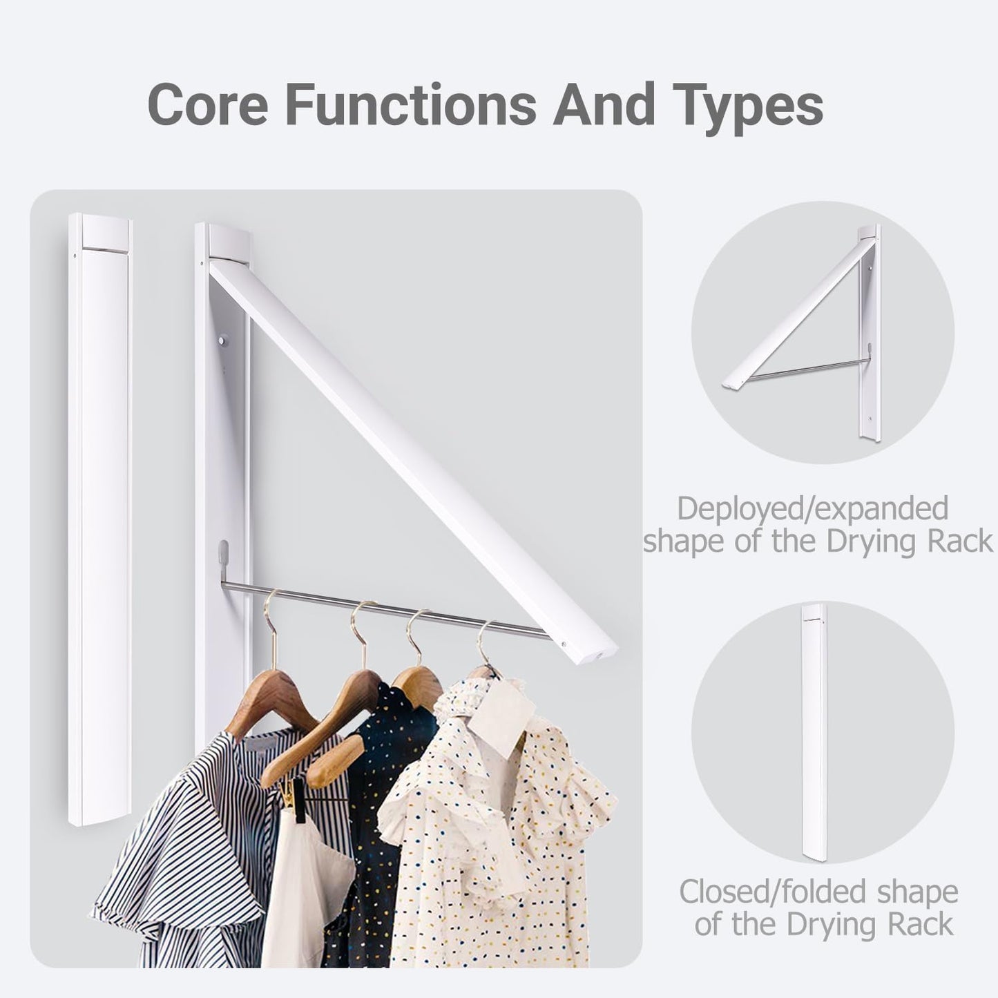 No Drill Wall Mounted Drying Rack 65 lb Aluminum, White | Wall rack folds flat to 0.39 inch. Holds 8-11 shirts. Pearl white finish for apartment, bathroom, RV, dorm.