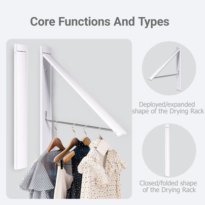 No Drill Wall Mounted Drying Rack 65 lb Aluminum, White | Wall rack folds flat to 0.39 inch. Holds 8-11 shirts. Pearl white finish for apartment, bathroom, RV, dorm.