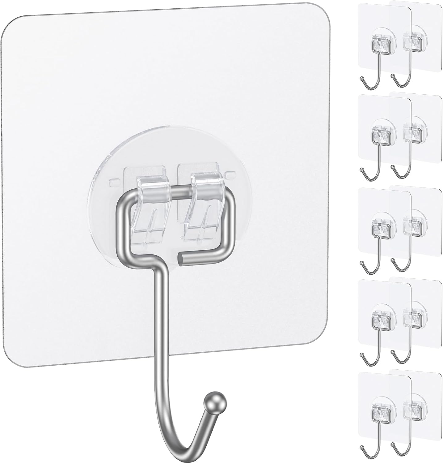 Uniclife 10 Pcs Large Adhesive Hooks for Hanging, 33 lbs (Max) Heavy Duty Wall Hooks, Clear Waterproof Picture Hangers, Self-Adhesive Sticky Hangers for Outdoor Bathroom Kitchen and Office