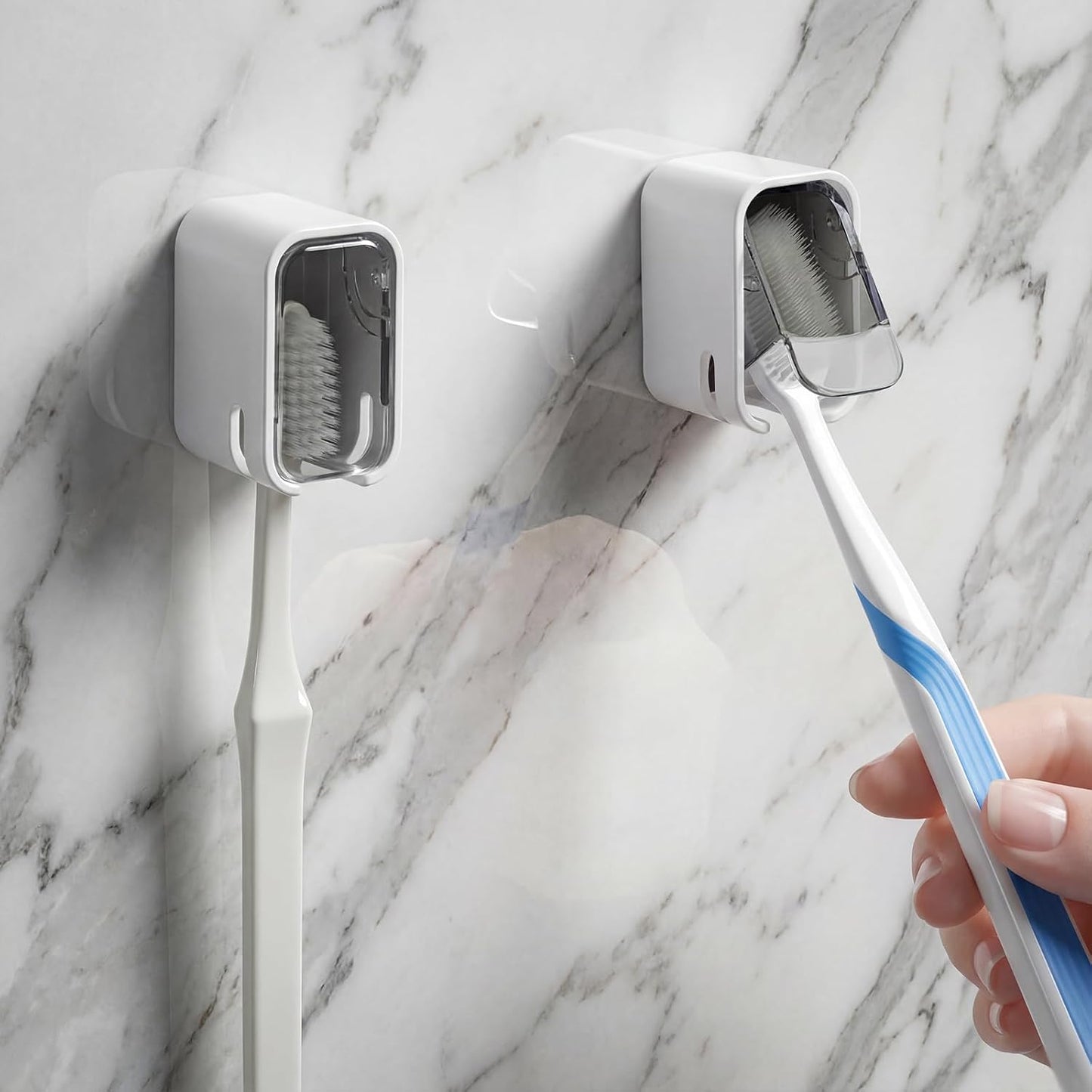 2 PCS Toothbrush Holders Wall Mounted Single Tooth Brush Holder for Shower Hanging Slot Wall Toothbrush Holder with Black Cover for Electric Toothbrushes Home Travel Storage (White)