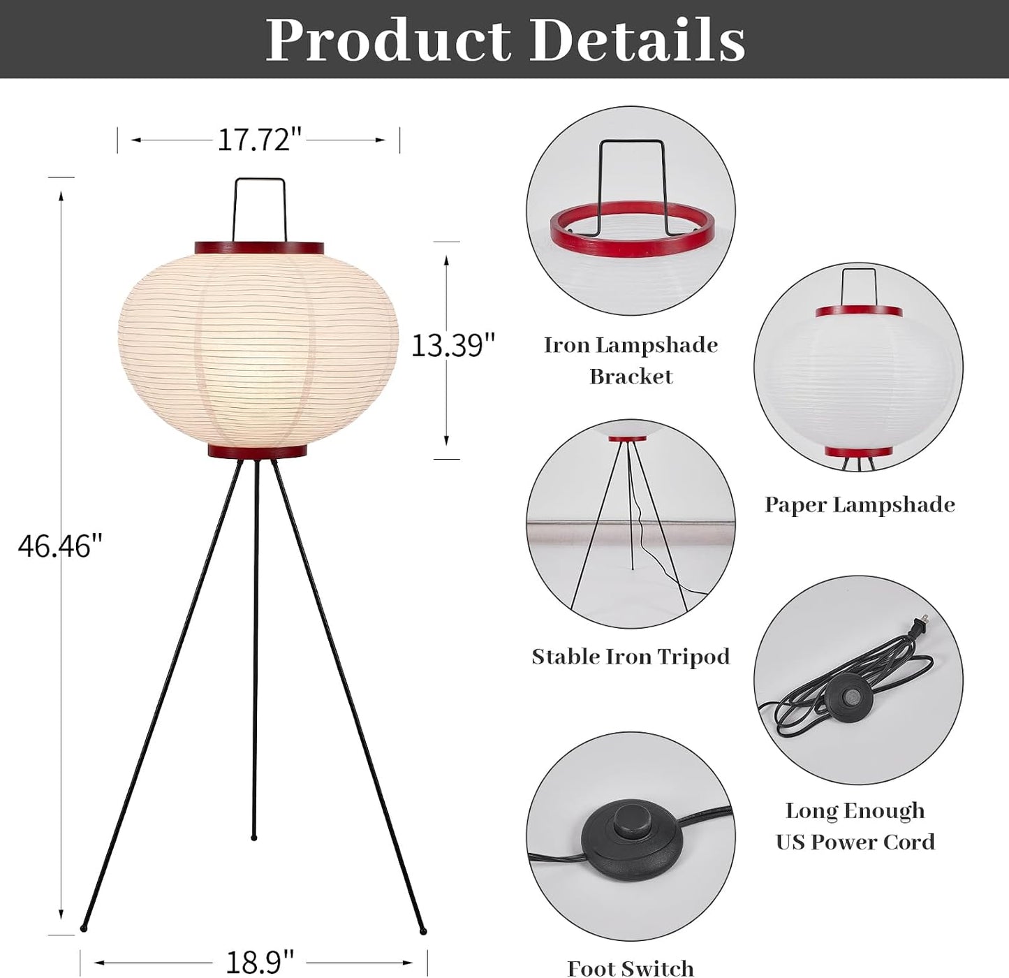 Japanese Rice Paper Floor Lamp - 3000K Color Bulb Included 49.2 Inches White Akari Standing Light - Handmade Japandi Noguchi Lamp with Lantern Lamp Shade for Bedroom Dining Room Living Room