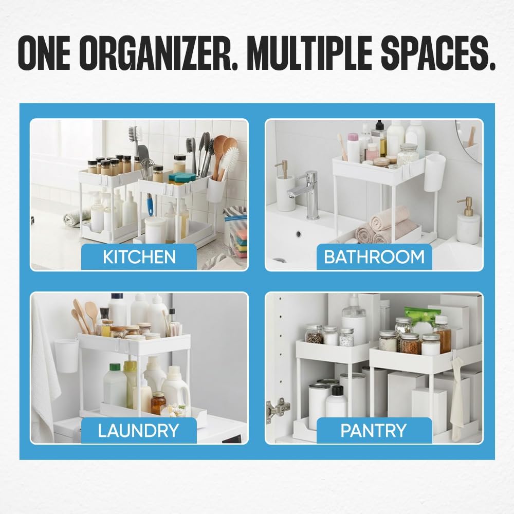 Undersink Organizer, 2-Tier Under Sink Storage Rack with Sliding Drawers for Kitchen Bathroom Cabinets, Pull Out Organizer for Pantry, Laundry Room & Closet Organization - 1 Pack, Black