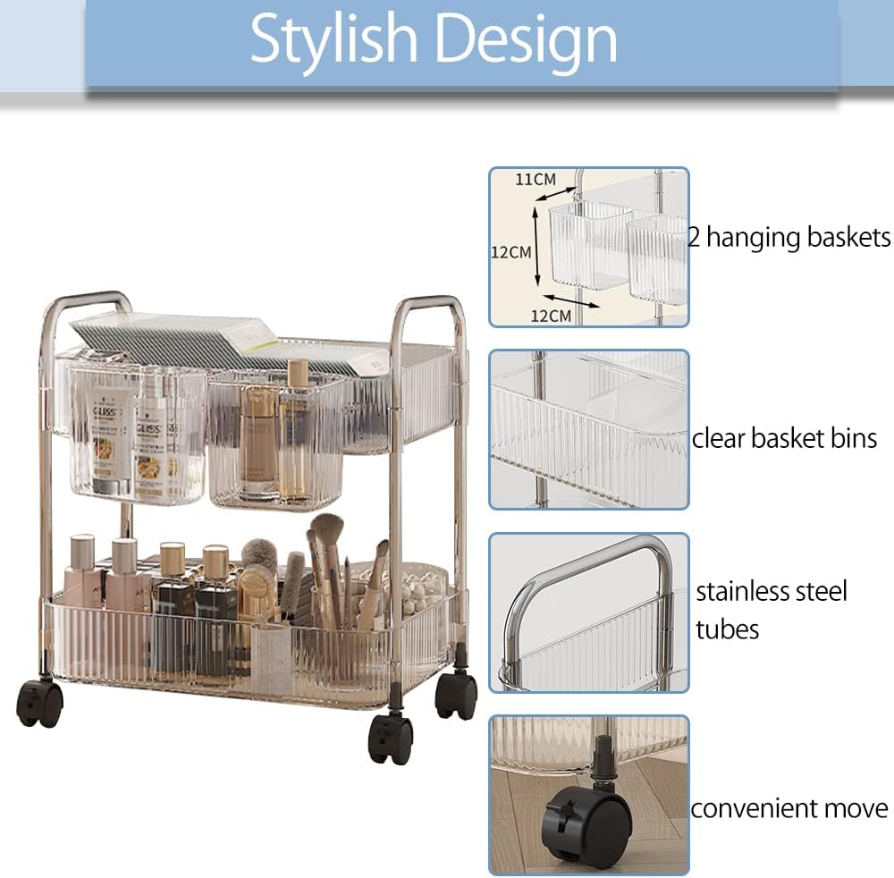 2-Tier Utility Rolling Cart Storage Sofa Side Table with Wheels, Mobile Trolley Organizer with for Office Home Kitchen Organization, Cream White