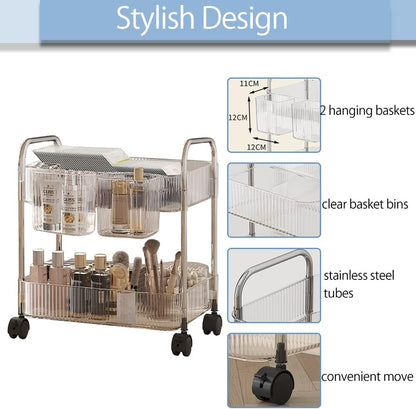 2-Tier Utility Rolling Cart Storage Sofa Side Table with Wheels, Mobile Trolley Organizer with for Office Home Kitchen Organization, Cream White