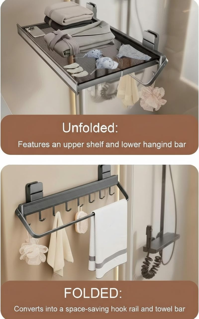 Indoor Clothes Drying Rack Foldable,Wall Mounted Retractable | with Foldable Towel Bar,6 Movable Hooks and Underwear Drying Net
