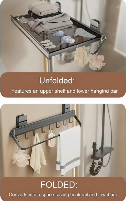 Indoor Clothes Drying Rack Foldable,Wall Mounted Retractable | with Foldable Towel Bar,6 Movable Hooks and Underwear Drying Net