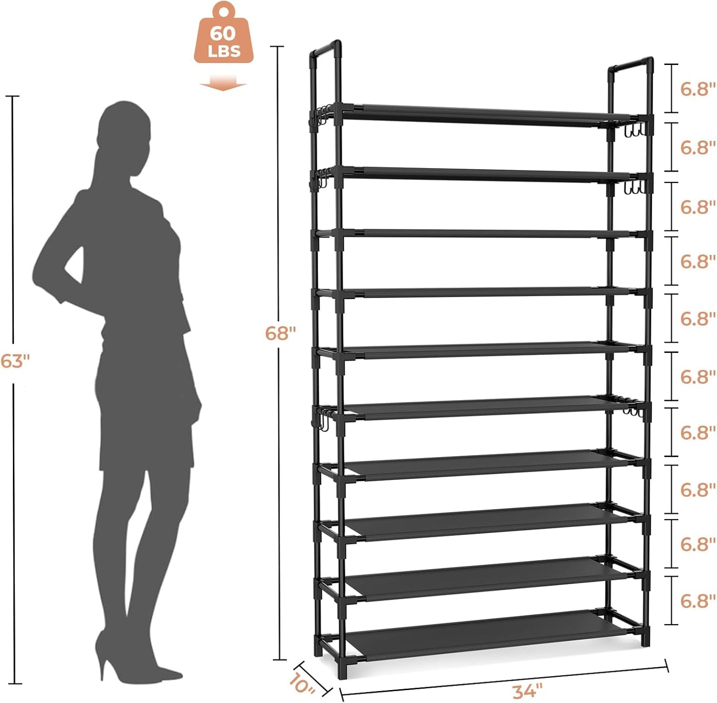 LANTEFUL 10 Tiers Tall Shoe Rack 20-25 Pairs Boots Organizer Storage Sturdy Narrow Shoe Shelf for Entryway, Closets with Hooks, Black