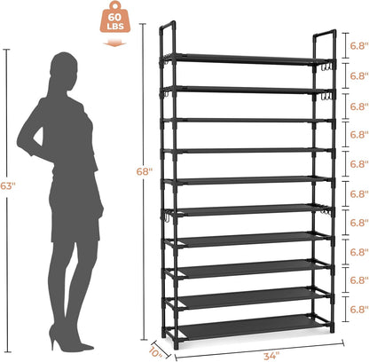 LANTEFUL 10 Tiers Tall Shoe Rack 20-25 Pairs Boots Organizer Storage Sturdy Narrow Shoe Shelf for Entryway, Closets with Hooks, Black