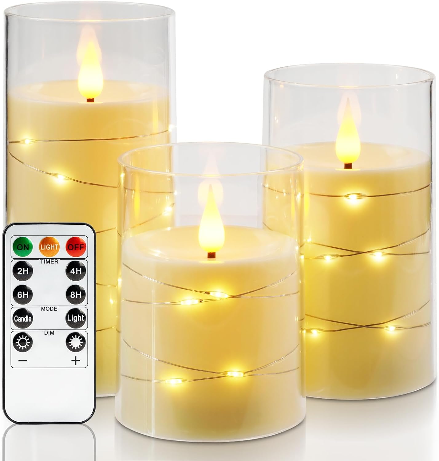Amagic Red Flameless Candles 3 Set, Flickering Battery Operated Candles Embedded Fairy String Light, Realistic Pillar Candle with Remote Control and Timer, Acrylic, D3 x H4 5" 6"