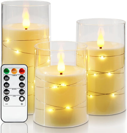 Amagic Red Flameless Candles 3 Set, Flickering Battery Operated Candles Embedded Fairy String Light, Realistic Pillar Candle with Remote Control and Timer, Acrylic, D3 x H4 5" 6"