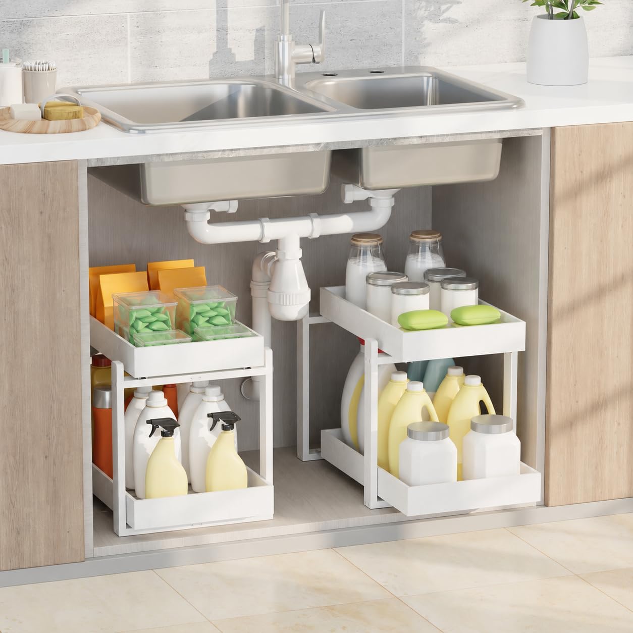 APRTAT 2 Pack Under Sink Organizer, Bamboo Wooden 2-Tier Pull-Out Storage with Sliding Drawers for Kitchen and Bathroom Cabinets, Easy Installation (Natural, 2 Packs)