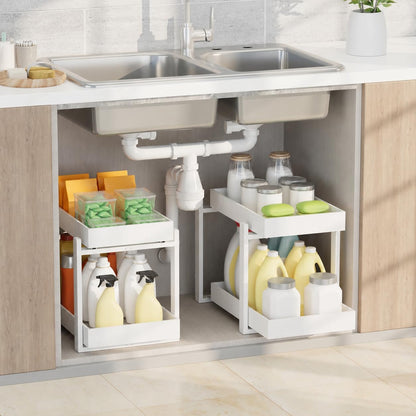 APRTAT 2 Pack Under Sink Organizer, Bamboo Wooden 2-Tier Pull-Out Storage with Sliding Drawers for Kitchen and Bathroom Cabinets, Easy Installation (Natural, 2 Packs)