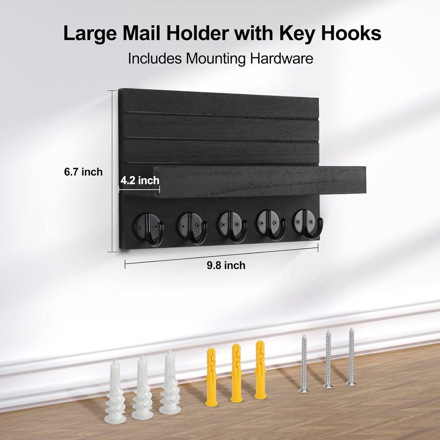 Lwenki Key Holder for Wall, Decorative Key and Mail Holder with Shelf Has Large Key Hooks for Bags, Coats – Paulownia Wood Key Hanger with Mounting Hardware (9.8”W x 6.7”H x 4.2”D) (Brown)