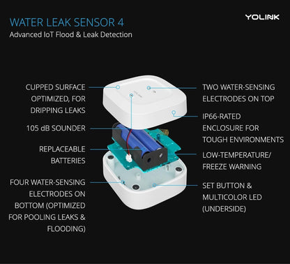 YoLink Water Leak Detector 4 with 105dB Audio Alarm, Freeze Warning, App Push, Email Alerts and Limited Text - Smart Water Sensor Alarm w/ Alexa, IFTTT - 1/4 Mile Long Range, Hub Required
