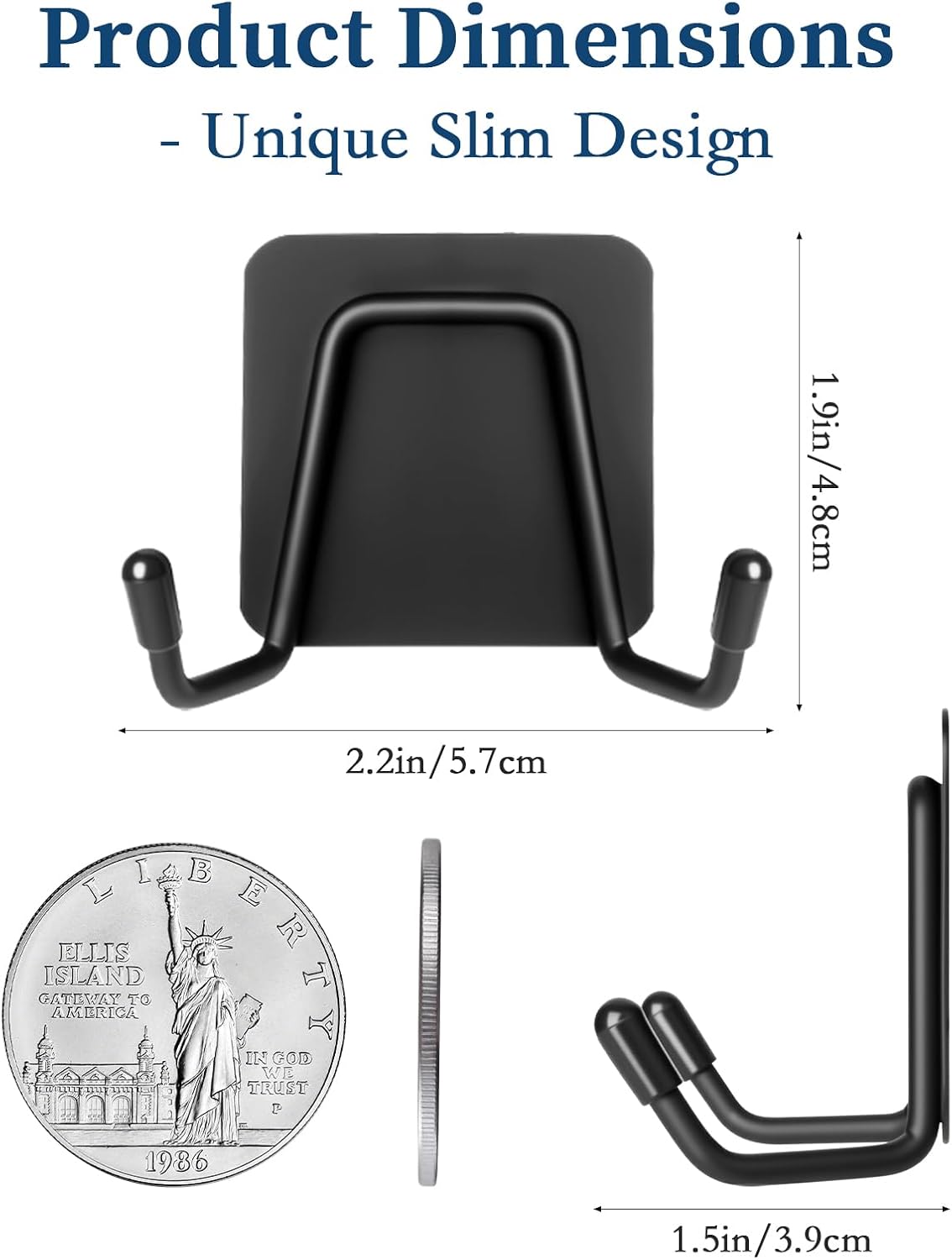 Large Self Adhesive Coat Hooks, Heavy Duty Double Wall Hooks for Hanging - 15lb Max, Rustproof Sticky Wall Hangers for Coat, Bedroom, Outdoor, Kitchen, 14-Day Trial, 3 Pack, Black