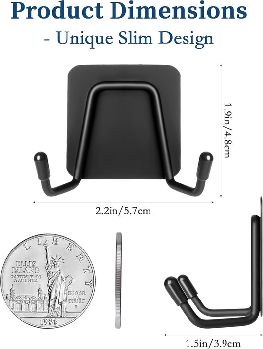 Large Self Adhesive Coat Hooks, Heavy Duty Double Wall Hooks for Hanging - 15lb Max, Rustproof Sticky Wall Hangers for Coat, Bedroom, Outdoor, Kitchen, 14-Day Trial, 3 Pack, Black