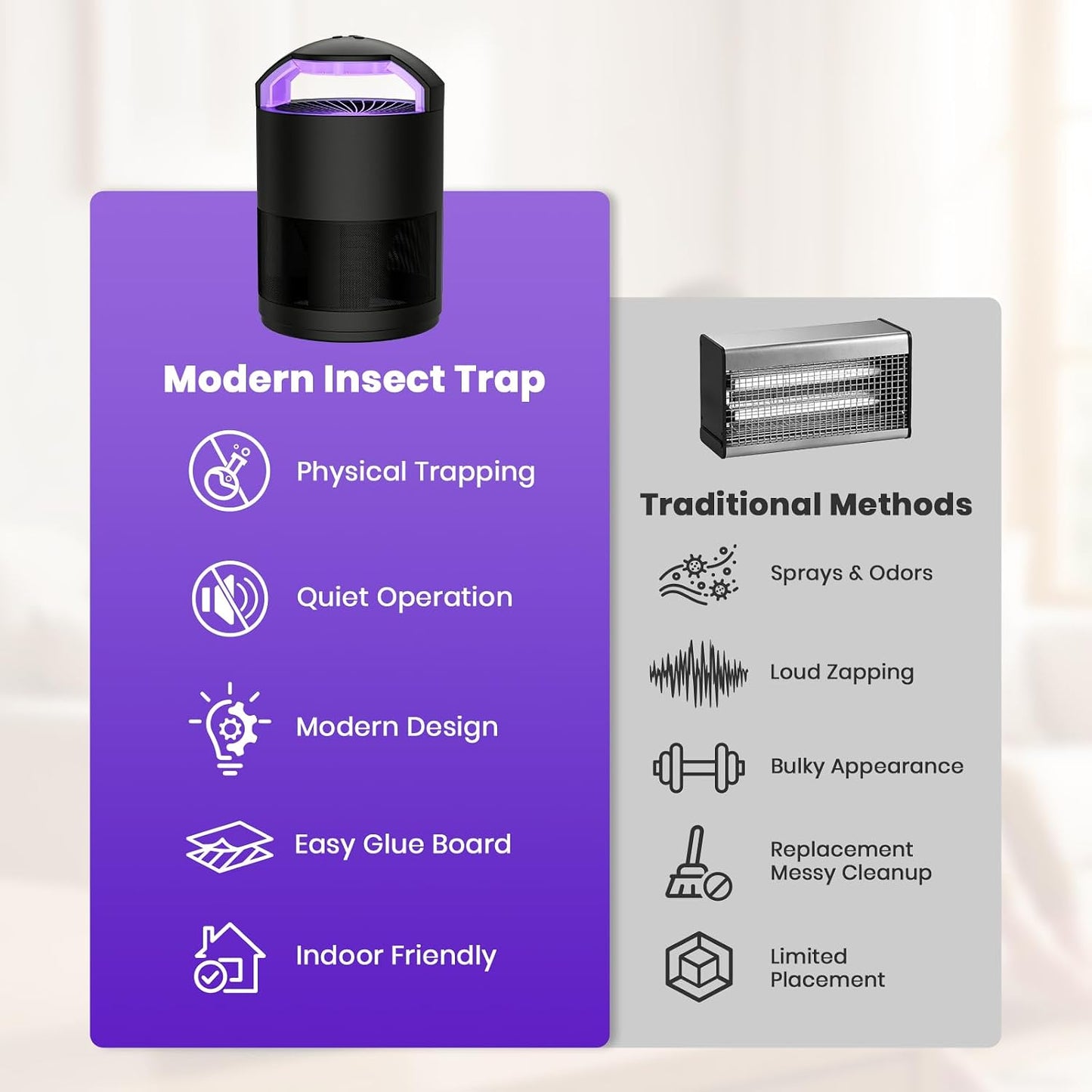 Fruit Fly Traps for Indoors, Catcher & Killer, Indoor Insect Trap | Upgraded Purple Light, Odorless & Quiet, 3-Speed Fan Suction for Gnats & Mosquitoes in Kitchen, Home, and Plants