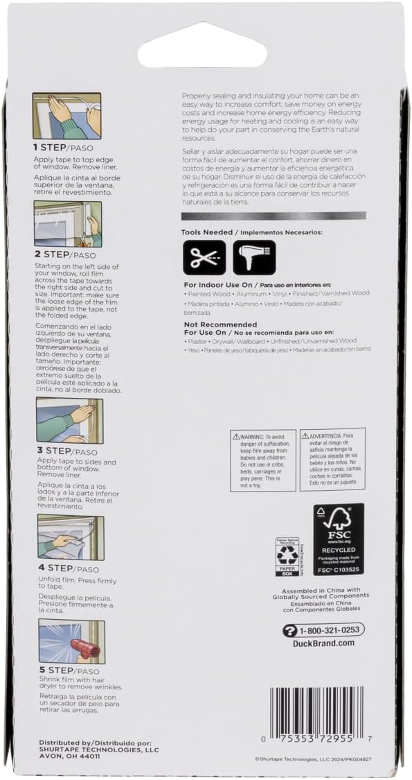Duck MAX Strength Window Insulation Kit, Winter Window Seal Kit Fits up to 10 Windows, Heavy Duty Shrink Film Cuts to Size for Easy Indoor Installation, Window Tape Included,62 In. x 420 In., Clear