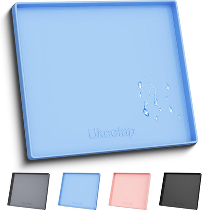 ukeetap Extra Thick Silicone Mat Waterproof with Raised Edge 19” x 12”, BPA Free Non-Slip Dog & Cat Food Mat, Feeding Mat for Food and Water Bowls, Spill Proof Mat to Protect Floors, Black