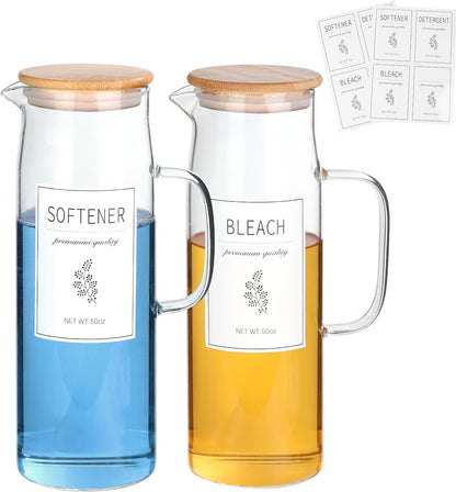 Laundry Detergent Dispenser Set with Labels and Handle for Laundry Room Organization and Storage- Easy Pour 2 Pack 50 oz Liquid Laundry Containers for Laundry Room Decor, Farmhouse Decor