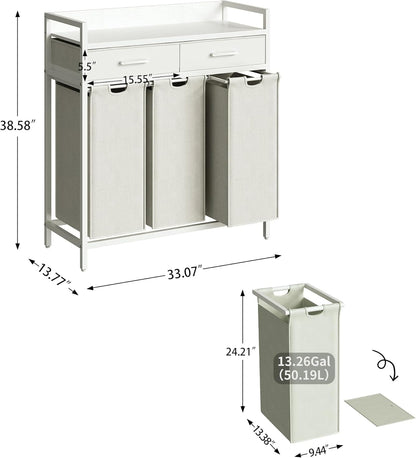 Herture Laundry Sorter 3 Section Laundry Hamper with Shelf, Durable 3 Section Laundry Basket with Rolling Wheels & Storage Drawers, 3 x 13.26 Gallons (50L), White PF09XLW