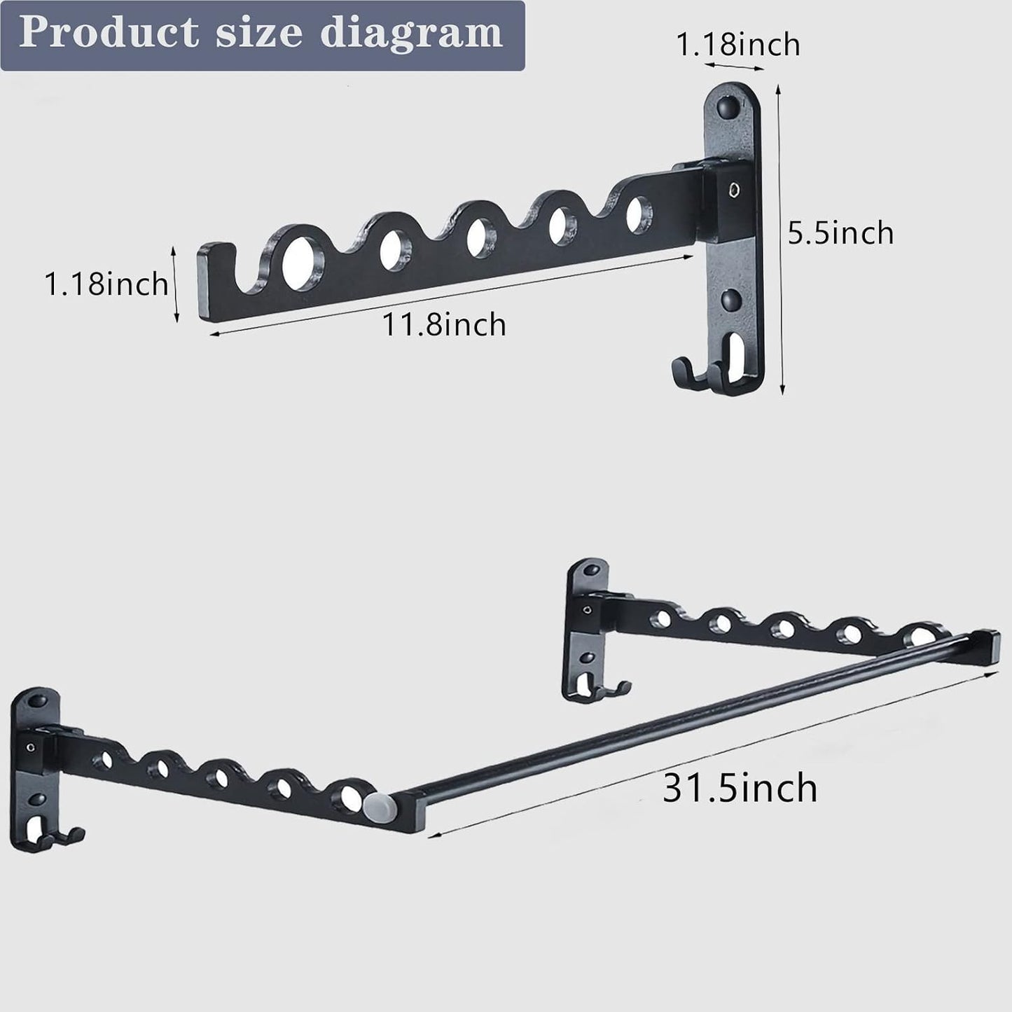 Clothes Drying Rack Wall Mounted Drying Racks for Laundry Room Organization and Storage Clothes Rack，Aluminum Dryer Rack with Two Drying Rods for Hanging Wet and Dry Clothes