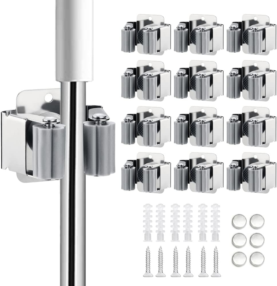 JAMEND CLXP 24PCS Broom and Mop Holder, Heavy Duty Garden Tool Organizer Rack Rake and Shovel Handle, Stainless Steel Mop Hanger. Wall Mounted with Screws.Matte Black