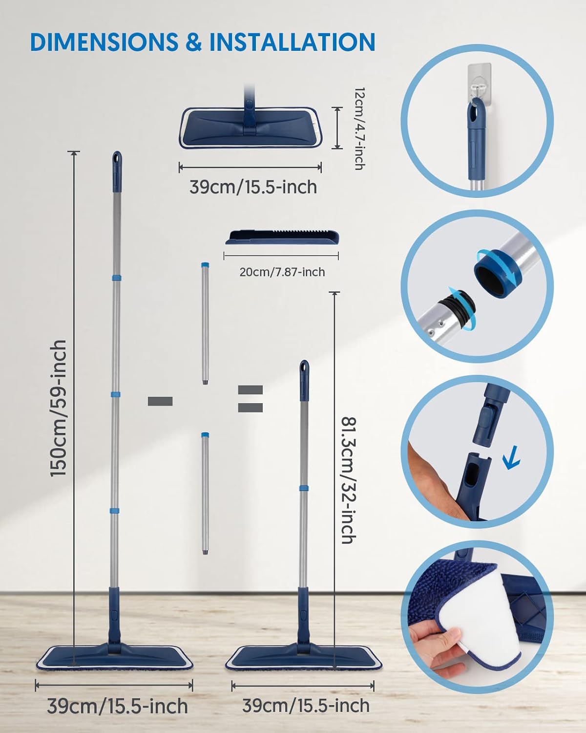 Microfiber Mops for Hardwood Floor Cleaning - BPAWA Flat Floor Mop with 4 Washable Pads for Laminate Wood Tile Vinyl Home Kitchen Bathroom - 59" Adjustable Handle