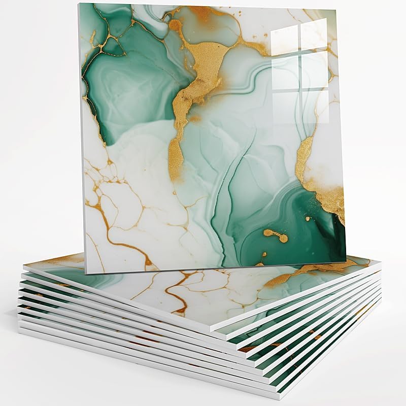 10pcs Peel and Stick Tile Shower Waterproof Marble Tiles Wall Panels, 11.8"x11.8" Self-Adhesive Backsplash Tile, PVC Wall Panels Shower Tiles for Home Bathroom, Kitchen, Living Room Blue