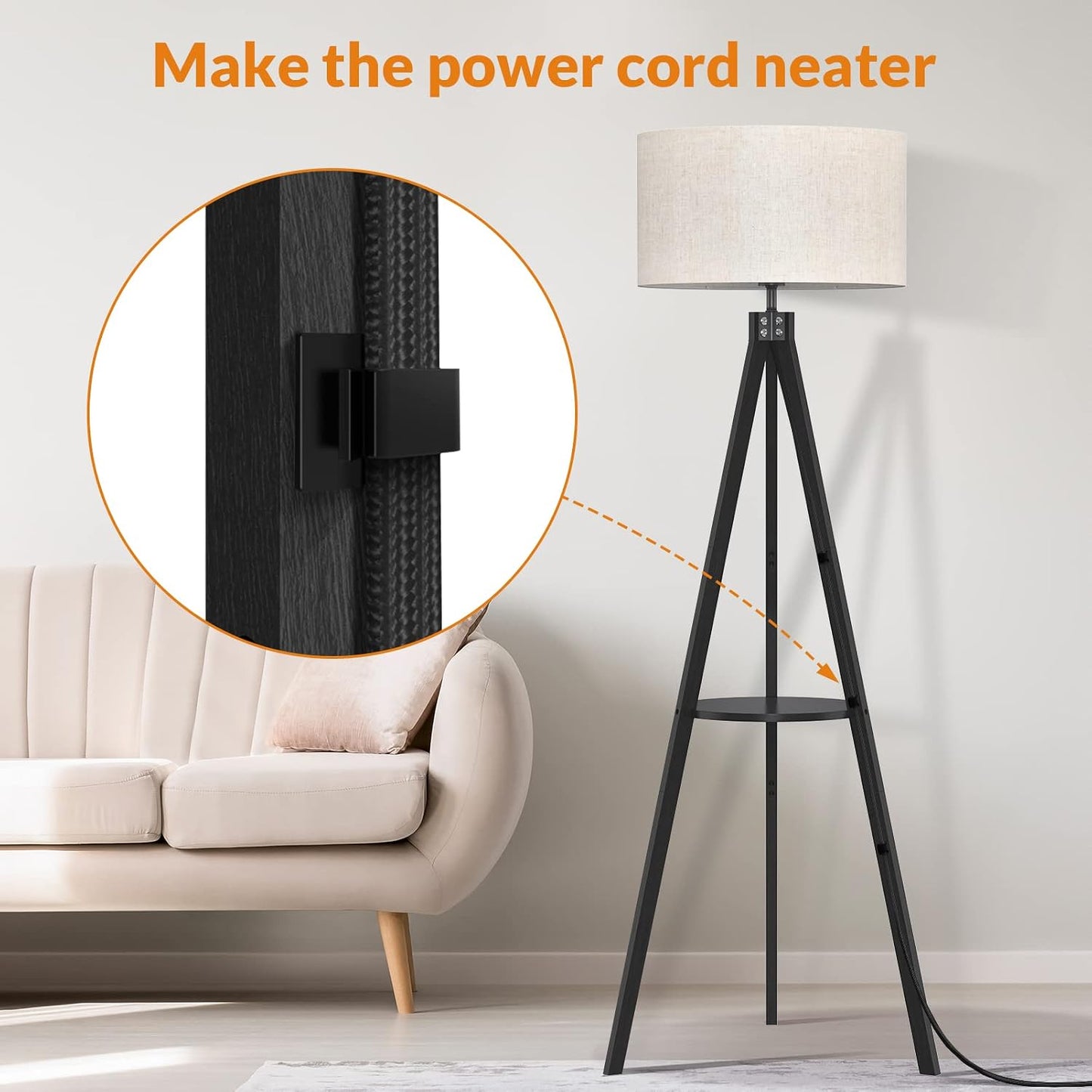 LEPOWER Tripod Floor Lamp, Mid Century Wood Standing Lamp, Modern Design Shelf Floor Lamp for Living Room, Bedroom, Office, Flaxen Linen Shade with E26 Base Brown