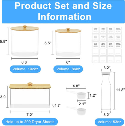 3+1 Pack Laundry Pods Containers & Dryer Sheet Holder & Laundry Detergent Dispenser, Laundry Room Organization and Storage Jars with Lids, Labels and Scoops for Scent Booster Powder Pods, Black Lid