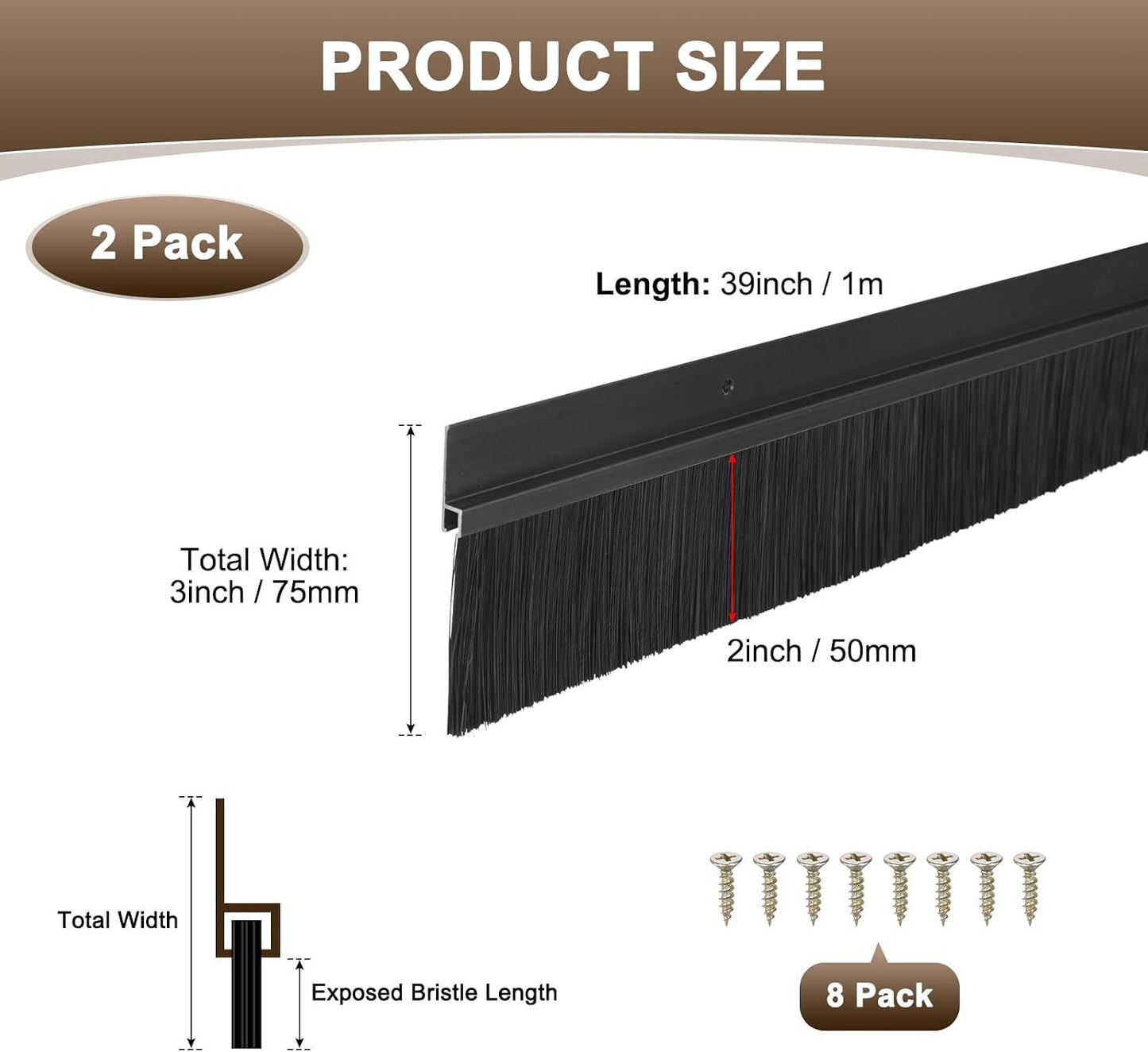 M METERXITY 2Pack Door Sweep - 39" Door Bottom Brush Heavy Duty Seal Draft Stopper Aluminum Base with 50mm Brush, Adhesive/Screw Installation for Interior/Exterior/Garage/Sliding Doors, Black