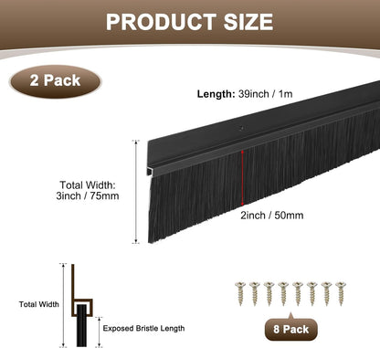 M METERXITY 2Pack Door Sweep - 39" Door Bottom Brush Heavy Duty Seal Draft Stopper Aluminum Base with 50mm Brush, Adhesive/Screw Installation for Interior/Exterior/Garage/Sliding Doors, Black
